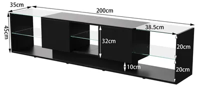 Obrázok produktu pre TV komoda – nízka komoda pod televízor – 200 x 35 x 45 cm – LED osvetlenie – vysoký lesk – 2 zásuvky – sklenené police – čierna farba