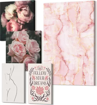 Produktbild von Wandbilder Leinwand 5-teilig –  – Polycanvas Kunstdruck – Moderne Bilder für Wohnzimmer & Schlafzimmer – Aufhängefertig – 2x 30x30 cm + 2x 20x30 cm + 1x 40x60 cm – Rosa Blüten und minimalistische Formen im Boho-Stil