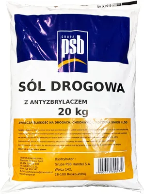 A bag of road salt with product information and branding.