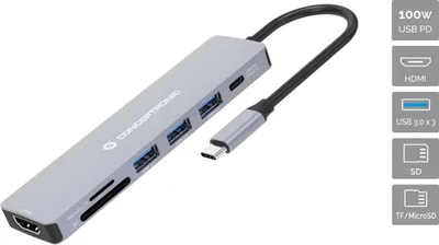 Produktbild von Conceptronic DONN19G 7-in-1 USB 3.2 Gen 1 Dockingstation, HDMI, USB-A 3.0 x 3, SD, TF/MicroSD, 100W USB PD