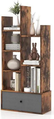 Produktbild von Baumförmiges Bücherregal - Standregal - Mit Schublade - 7 Fächer - 53 x 24 x 118 cm - Holz - Für Wohnzimmer/Schlafzimmer - Braun