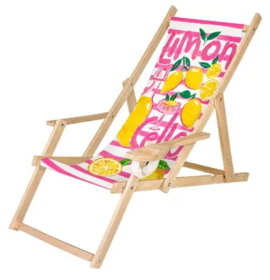 Produktbild von Holz Klappliegestuhl mit Armlehne und Getränkehalter, Zitronen Pink Motiv, klappbar