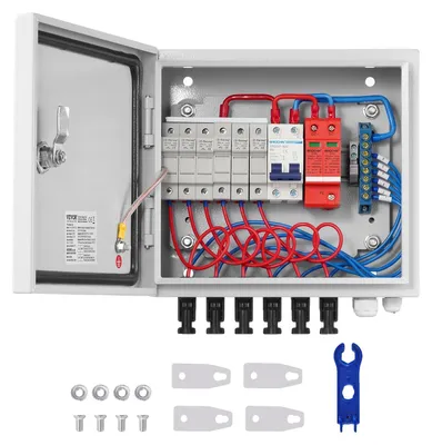 Productafbeelding van VEVOR PV-verdeelkast, 6-rijig, zonne-energie combinerkast met 10 A nominale stroomzekering, 63 A stroomonderbreker, bliksemafleider en zonne-energieaansluiting, stalen behuizing voor on-grid/off-grid zonnepanelensysteem, IP65