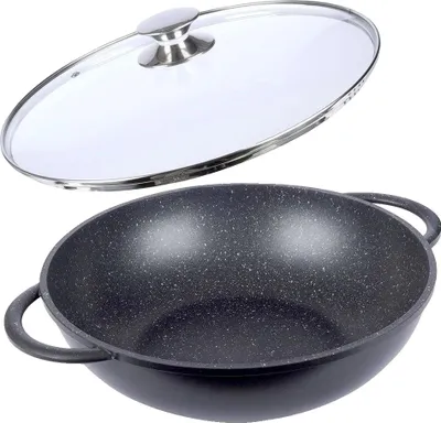Produktbild von Wok-Pfanne, Antihaft-Granitbeschichtung, Glasdeckel, schwarz