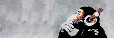 Produktbild von Streetart Kunstdruck Bild - Banksy Affe mit Kopfhörern, Musik (53 x 158 cm)