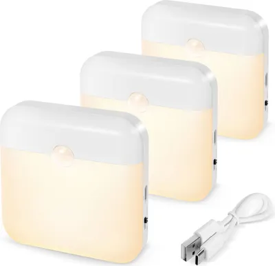 Produktbild von 3 Stück LED Nachtlicht Warmweiß Aufladbar mit Bewegungsmelder und Dämmerungssensor für Treppe, Schlafzimmer, Flur