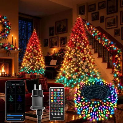 Image de Guirlande lumineuse LED de 300 ampoules, contrôlable par application, avec variateur d'intensité, minuterie, plus de 100 modes, longueur de 30 mètres, idéale pour la décoration de Noël, pour arbres, balcons, portes, couronnes, etc