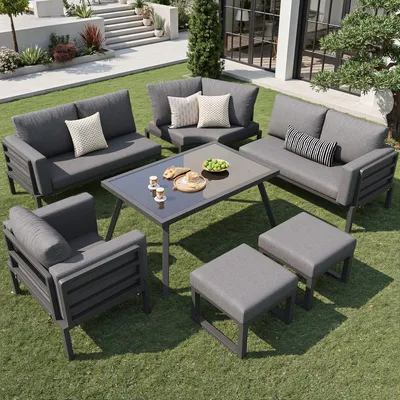 Image de OKWISH Salon de Jardin Lune 8 Personnes - Ensemble avec Canapé, 2 Fauteuils, Poufs, Table en Verre, Résistant aux Intempéries, Gris