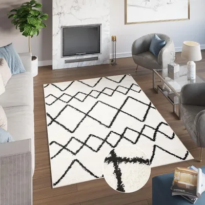 Produktbild von Teppich Wohnzimmer Schlafzimmer Modern Design Shaggy Hochflor Langflor Schwarz Creme 60 x 100 cm