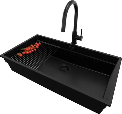 Produktbild von PRIMAGRAN Unterbauspüle Granit Alles Schwarz 86x47cm, Spülbecken 1 Becken + Ablauf-Set + Küchenzubehörset, Granitspüle ab 90er Unterschrank - Praga