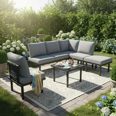 Image de Ensemble de salon de jardin 6 pièces en acier galvanisé et corde - Ensemble de mobilier de jardin d'extérieur avec table en verre et coussins en oléfine résistants aux intempéries - Gris