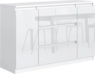 Produktbild von Komoda MebLocker z 3 szufladami i 2 drzwiczkami 120 cm Idealna do salonu, sypialni, pokoju dziecięcego i biura Nowoczesne, eleganckie rozwiązanie do stylowego przechowywania i organizacji (biały połysk)