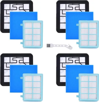 A collage of four sets of vacuum cleaner filters and a small cleaning brush.