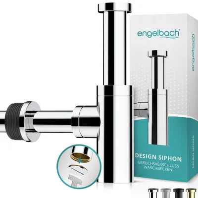 A chrome design siphon for a sink, with a close-up detail of its components and a product box in the background.