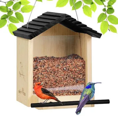 Productafbeelding van Houten vogelhuis voor de tuin, weerbestendige vogelvoederplank met zwart dak, grote vogelvoerbak, 23 x 22 x 27 cm