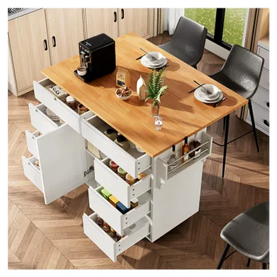 Produktbild von Moderne Kücheninsel mit ausziehbarem Küchenwagen und Rollen, Servierwagen mit Gewürzregal und 8 Schubladen (Weiß)