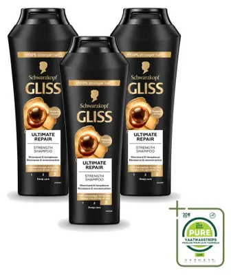 Obrázok produktu pre 3 x Šampon Gliss Ultimate Repair – pre intenzívnu regeneráciu vlasov – 250 ml – veľké balenie – 3 kusy