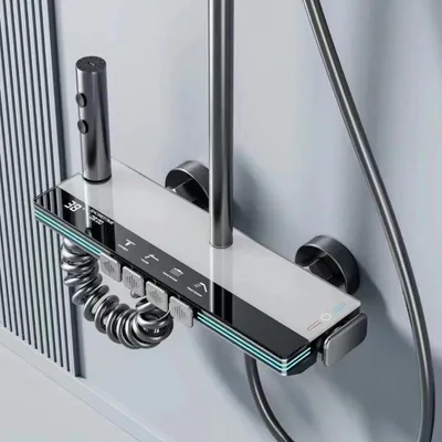 Immagine prodotto di Set doccia - Sistema doccia a pioggia da montare a parete - Display digitale della temperatura - Altezza regolabile - Soffione quadrato in ottone - Cromato - Bianco