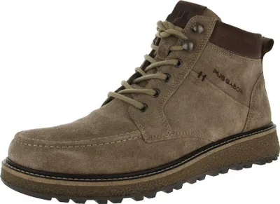A single brown leather boot is shown against a white background.
