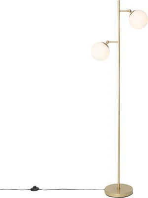 Produktbild von QAZQA - Art Deco Art Deco Stehleuchte I Stehlampe I Standleuchte I Lampe I Leuchte Gold I Messing mit Milchglas 2-Licht - Pallon I Wohnzimmer I Schlafzimmer - Stahl Länglich - LED geeignet E14