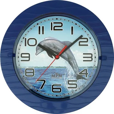 A wall clock with a dolphin image on its face.