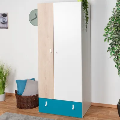Produktbild von Jugendzimmer - Drehtürenschrank / Kleiderschrank Aalst 17, Farbe: Eiche / Weiß / Blau - Abmessungen: 190 x 80 x 50 cm (H x B x T)