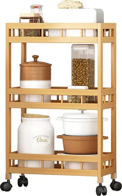 Obrázek produktu pro 3-úrovňový štíhlý úložný vozík High Mountain Solid Bamboo Kitchen Organizer Slide-Out Mobile Storage Cart Rolling Pantry Shelf Kitchen Shelving Unit Utility Cart