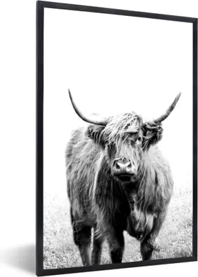 Produktbild von MuchoWow® Gerahmtes Poster Ein schottischer Highlander - schwarz und weiß 60x90 cm - Poster mit Schwarzem Bilderrahmen Wandposter Rahmen Foto Bilder - Kunst