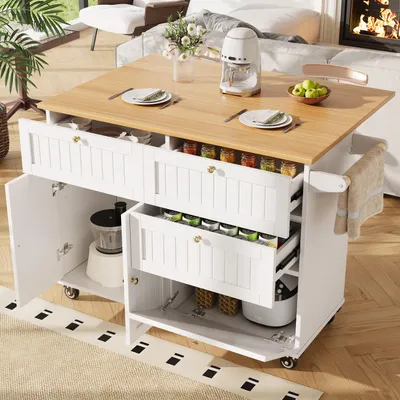 Produktbild von okwish Moderner Küchenschrank,Speisewagen mit Holzmaserung und ausziehbaren Funktionsschränken, Buffetschrank mit Schubladen,weiß