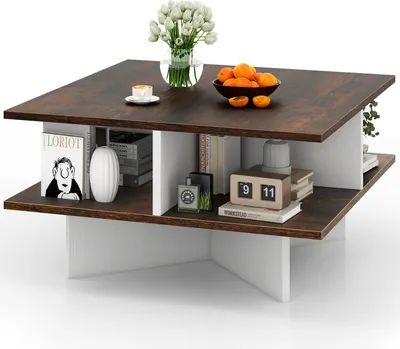 Produktbild von GOPLUS Couchtisch quadratisch, Sofatish mit 2 Ebenen & 4 getrennten Fächern, Kaffeetisch Wohnzimmertisch , 60 x 60 x 32,5 cm, Rustikales Braun + Weiß