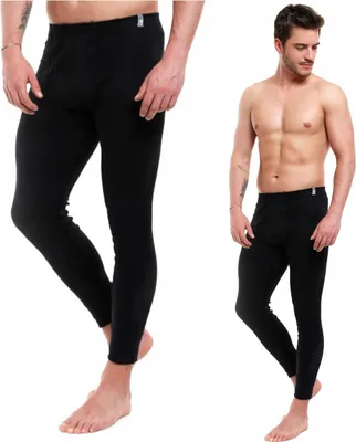 Two images of a man wearing black thermal leggings, one full body shot and one close-up of the legs.