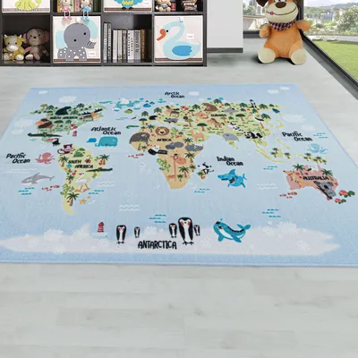 Produktbild von Homebyhome Kinderteppich Weltkarte Design Jungen Teppich Mädchen, Spielteppich Kinderzimmer Teppich, Robust, Grösse: 160x230 cm