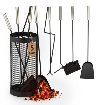 Produktbild von Relaxdays Kaminbesteck, 5-tlg. Set, im Eimer, Schürhaken, Ascheschaufel, Besen, Zange & Ständer, Kamingarnitur, schwarz