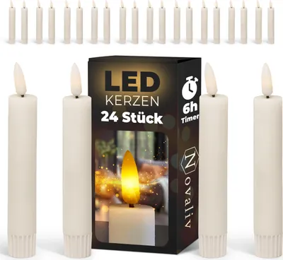 Produktbild von 24er Set Stabkerze LED - Stabkerze aus Echtwachs bewegliche Flamme Timer - 12,5cm Höhe für 2,2cm Durchmesser / 2 AAA Batterien notwendig - Stabkerze LED bewegliche Flamme