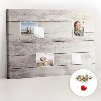 Produktbild von Korkwand mit Stecknadeln – Schwarzes Brett mit Stecknadeln für Fotos und Notizen – 100x70 cm – 100 Stück Metall-Stecknadeln – Design: Holzbretter
