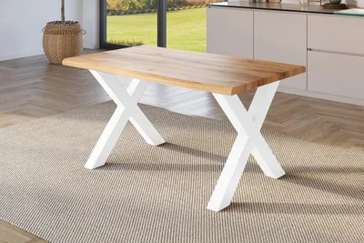 Produktbild von Esstisch Baumkante Holz-Optik Wildeiche 140 x 80 X-Gestell weiß JULIUS