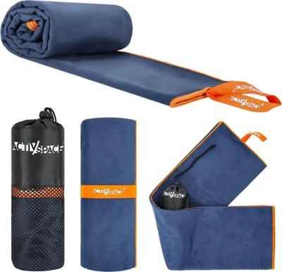 Produktbild von Schnelltrocknendes Mikrofaserhandtuch, groß 180 x 90 cm – blau + orange