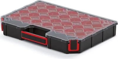 A black and red plastic organizer box with a clear lid.