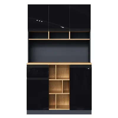 Produktbild von Flieks Küchenschrank Hochschrank mit Hochglanztüren, Aufbewahrungsschrank mit verstellbaren Ablagen, Küchenbuffet Sideboard schwarz