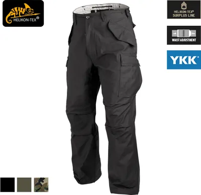Product image of black cargo pants with several brand logos and information overlays.