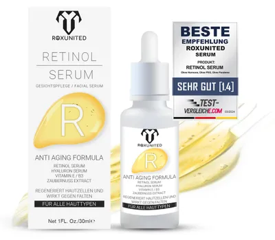 Produktbild von ROXUNITED Retinol Serum Hochdosiert "Vergleichssieger" Hochkonzentriert Serum Gesicht Anti Aging Vitamin C Vegan Hyaluronsäure gegen Falten, 30 ml