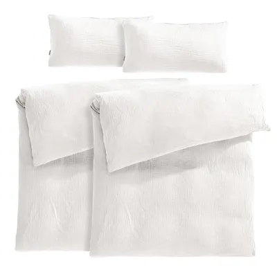 Produktbild von Pure Label Musselin Bettwäsche 155x220 4 teilig bestehend aus Bettbezug 155 x 220 cm 2er Set + Kissenbezug 40x80 cm 2er Set aus Baumwolle in weiß