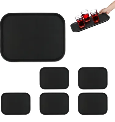 Immagine prodotto di Vassoio da servizio Relaxdays, set da 6 pezzi, superficie antiscivolo, LxP: 41 x 30 cm, vassoio da cameriere squadrato, settore della ristorazione, nero