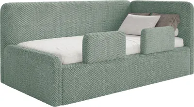 Produktbild von Selsey Fanko – Kinderbett 90x200 cm mit Rausfallschutz, Matratze, Kopfteil rechts, Plüsch, Salbeigrün