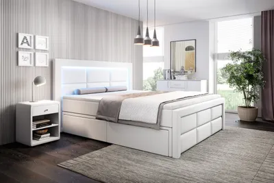 Produktbild von Moebelfest Boxspringbett 180x200 cm mit Bunt LED-Beleuchtung: Polsterbett mit 2 Schubladen, Taschenfederkernmatratze 7 Zonen und Topper (Madrid in Weiß)