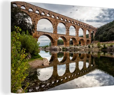 Obrázek produktu pro OneMillionCanvasses® - Obraz na plátně - 140x90 cm, Odraz v průzračné vodě Pont du Gard v jižní Francii, Nástěnné umění tisk nástěnné dekorace - Fotografie na plátně - Malba