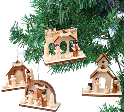 Productafbeelding van Kerstboomhanger - Houten kerststal - Set van 4 - Handgeschilderd - 7,5 cm