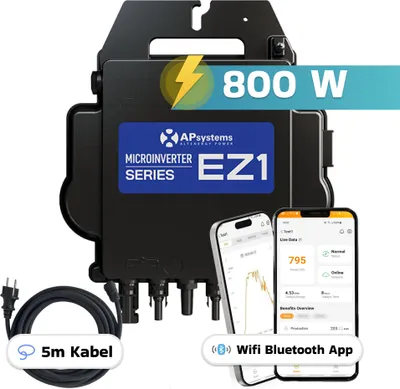Produktbild von AP Systems Mikro-Wechselrichter 800 W EZ1-M-EU für Balkonkraftwerk, IP67 wetterfest, 2 MPPT, Bluetooth & WIFI, inkl. 5m Anschlusskabel, Micro Inverter