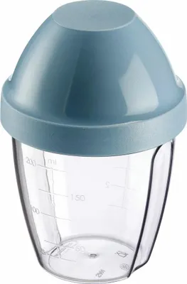A close-up studio shot of a blue and clear plastic shaker cup with measurement markings.