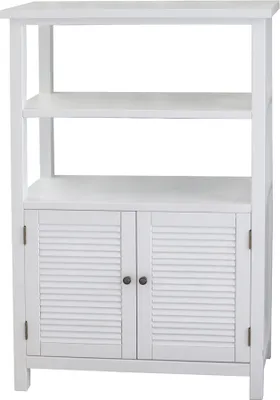A white wooden cabinet with two shelves and two louvered doors.